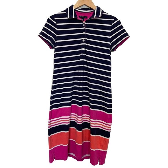 Lands' End Women's XS Navy White Pink Stripe Collared 1/4 Button Up‎ Polo Dress - Picture 1 of 6